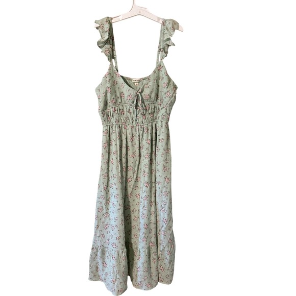 Derek Heart Dresses & Skirts - Derek Heart Womens XL Sage Green Floral Smocked Ruffle Strap Midi Dress NWT